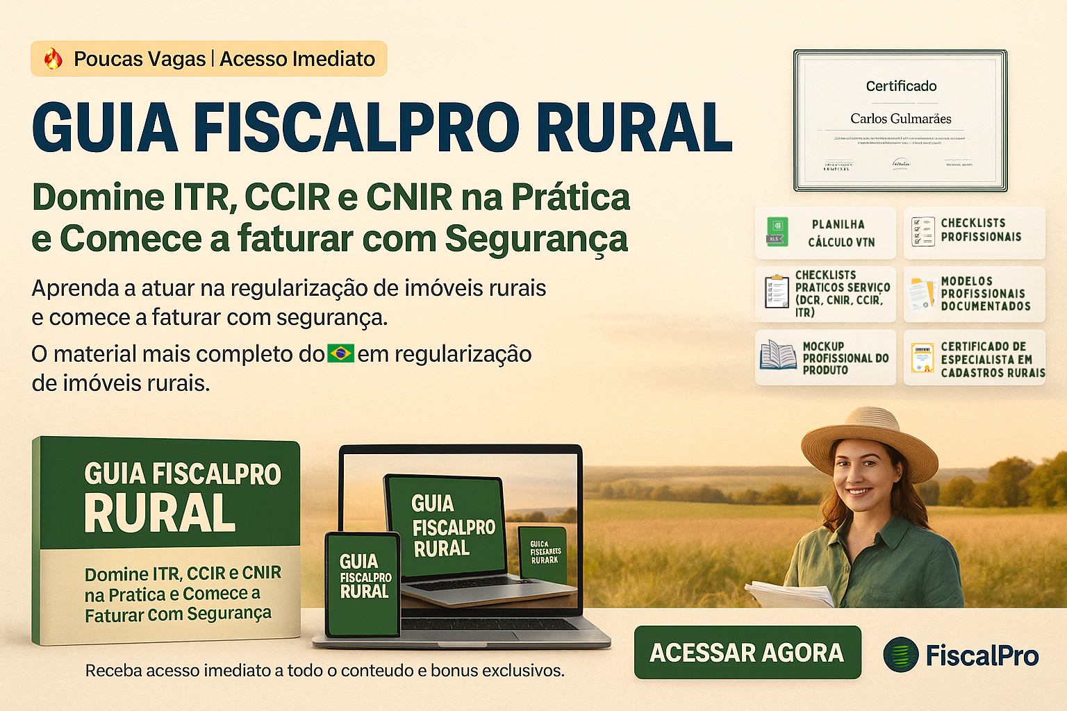Mockup do Guia FiscalPro Rural mostrando módulos e bônus inclusos